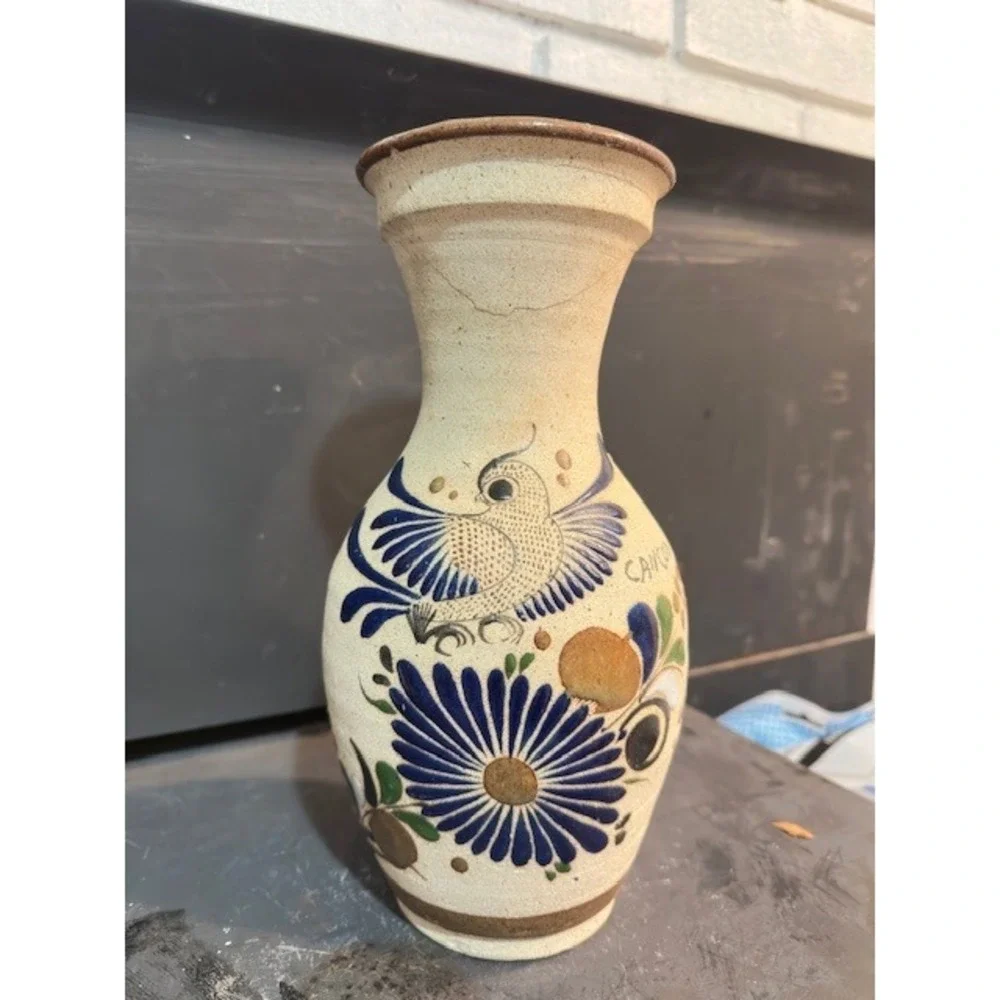 Vintage Mexican Folk Art Pottery Vase Bird Floral‎ Cancun Signed Stoneware 10.5
